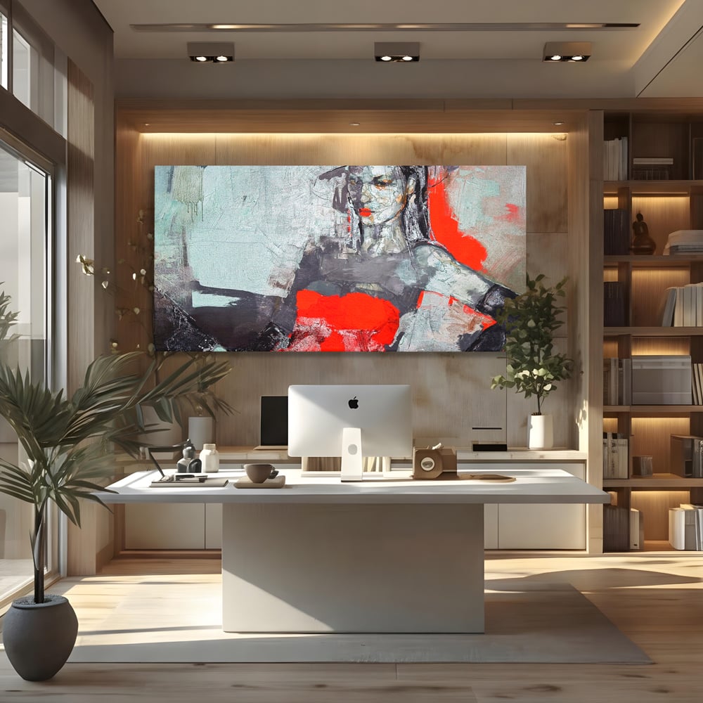 Tablou canvas cu tablou canvas cu portretul unei femei in rosu si negru, fara rama, pe sasiu de lemn, pe perete intr-un birou